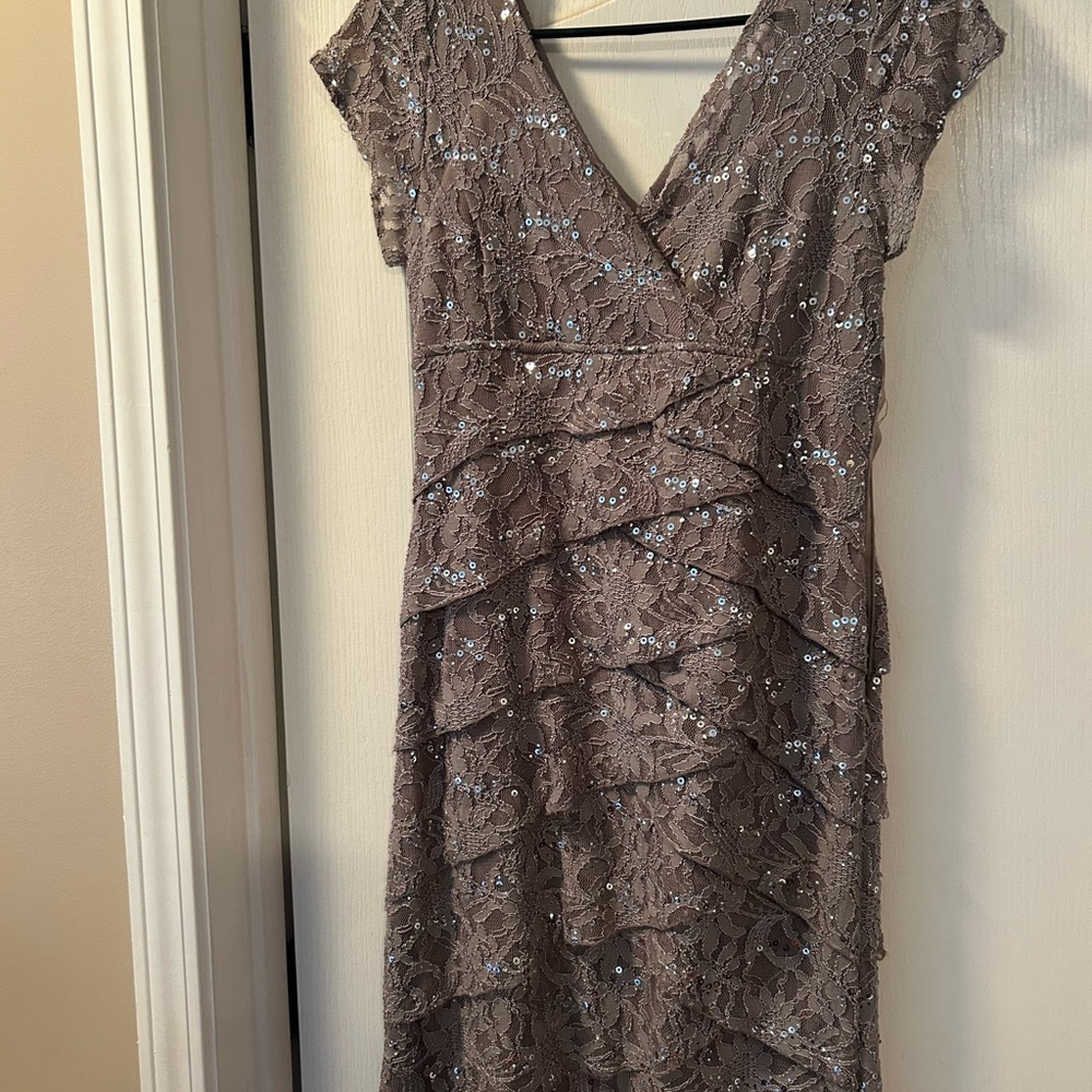 Scarlett Taupe Lace Midi Dress with Sequins